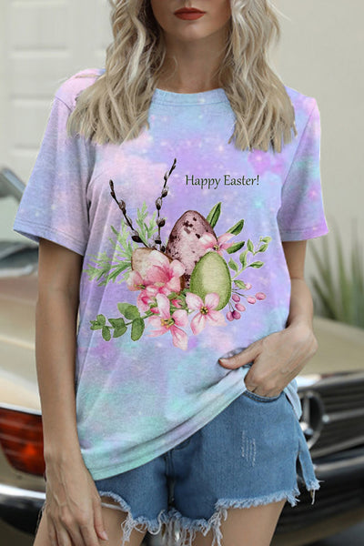 Happy Easter Colorful Eggs Floral Printed Round Neck T-shirt