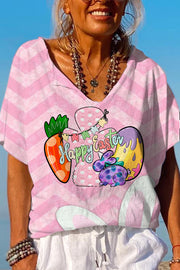 Happy Easter Bunnies Carrot Eggs Pink Stripe Dolman Sleeves Tee