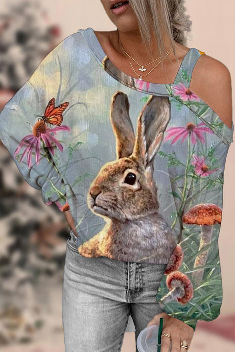 Happy Easter Day Floral Bunny Off Shoulder Blouse