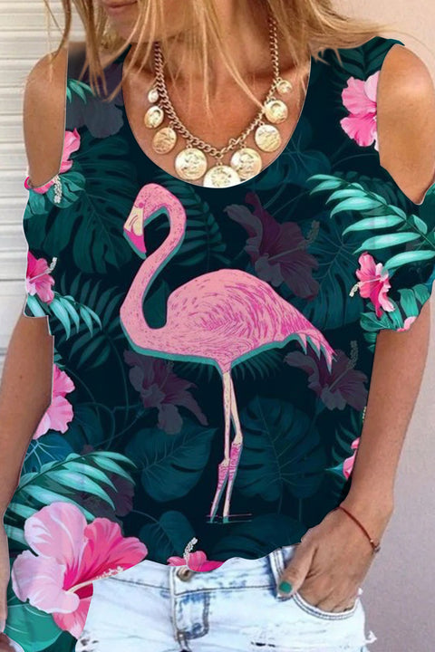 Spring Summer Pink Flamingos Pattern Cold Shoulder T-shirt