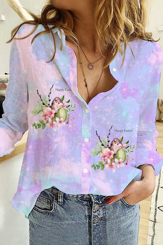 Happy Easter Colorful Eggs Floral Printed Long Sleeve Shirt