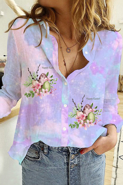 Happy Easter Colorful Eggs Floral Printed Long Sleeve Shirt