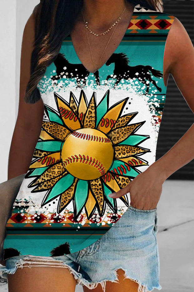 Western Sunflower Softball Aztec Horse Tank Top