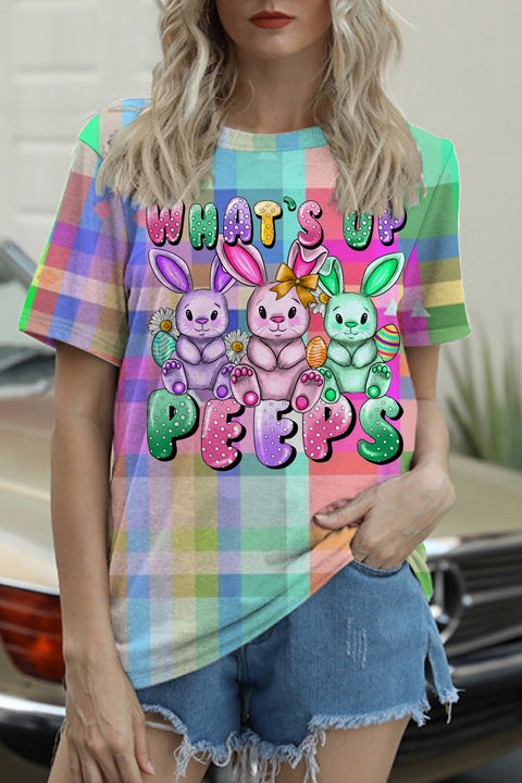 What's Up Peeps Bunnies Easter Day Plaid Round Neck T-shirt