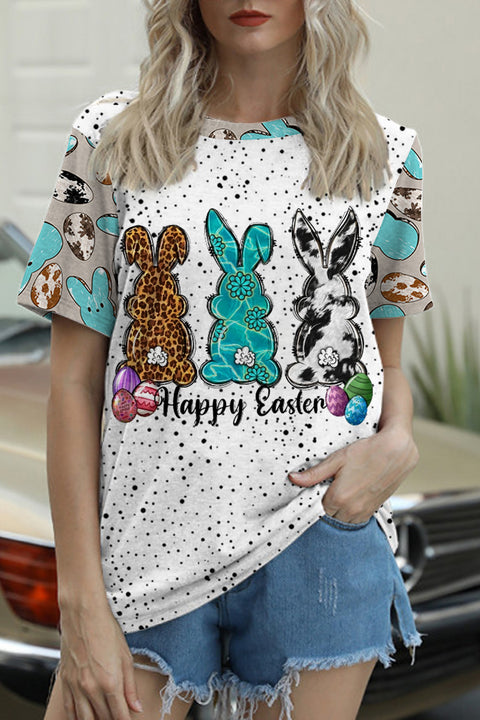 Western Happy Easter Peeps Bunnies Eggs Round Neck Short Sleeve T-shirt