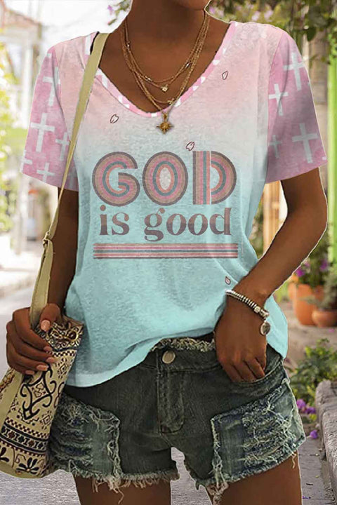 God Is Good Leopard Christian Print V-neck T-shirt