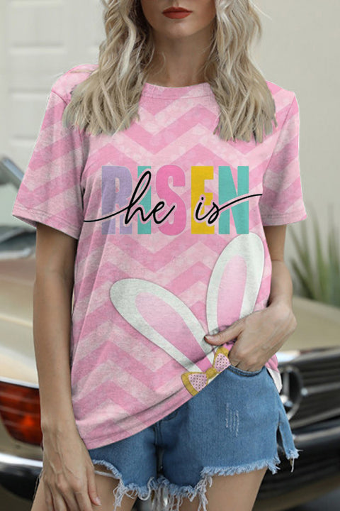 Easter Day He Is Risen Pink Stripe Bunnies Round Neck T-shirt