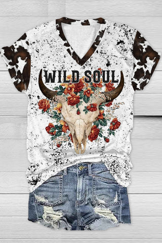Wild Soul Cow Print V Neck T-shirt