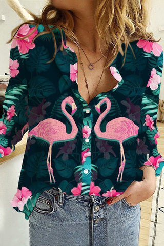 Spring Summer Pink Flamingos Pattern Long Sleeve Shirt