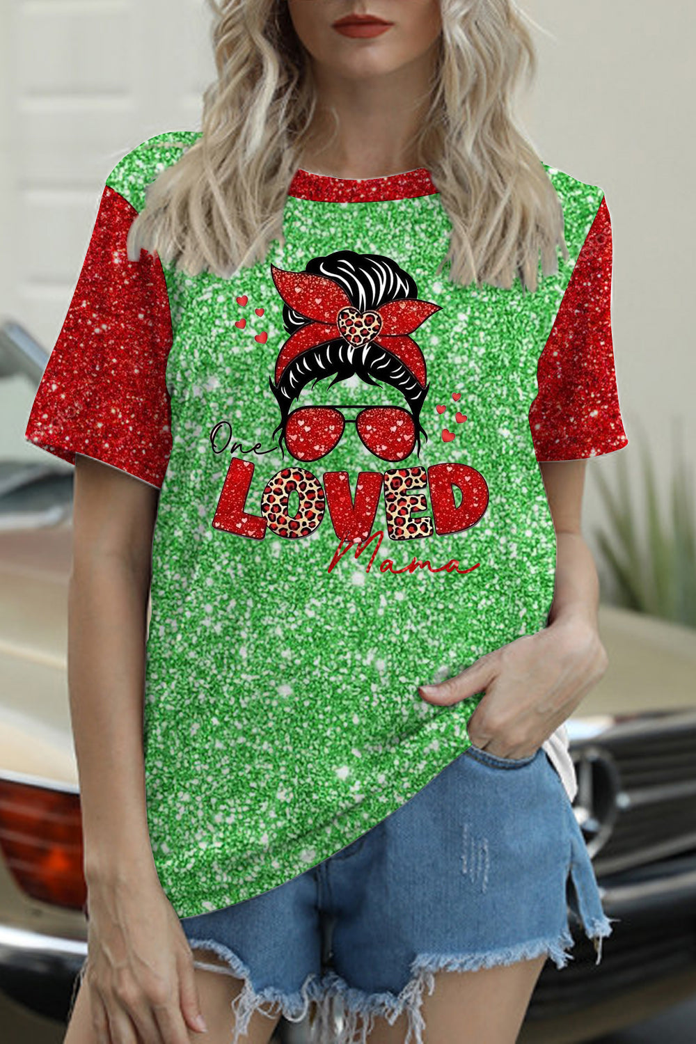 Loved Mama Green Red Glitter T-shirt