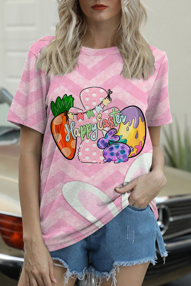 Happy Easter Bunnies Carrot Eggs Pink Stripe Round Neck T-shirt