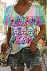 What's Up Peeps Bunnies Easter Day Plaid V Neck T-shirt