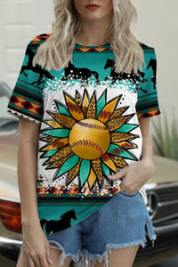 Western Sunflower Softball Aztec Horse Round Neck Short Sleeve T-shirt