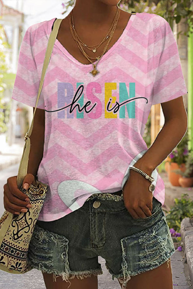 Easter Day He Is Risen Pink Stripe Bunnies V Neck T-shirt