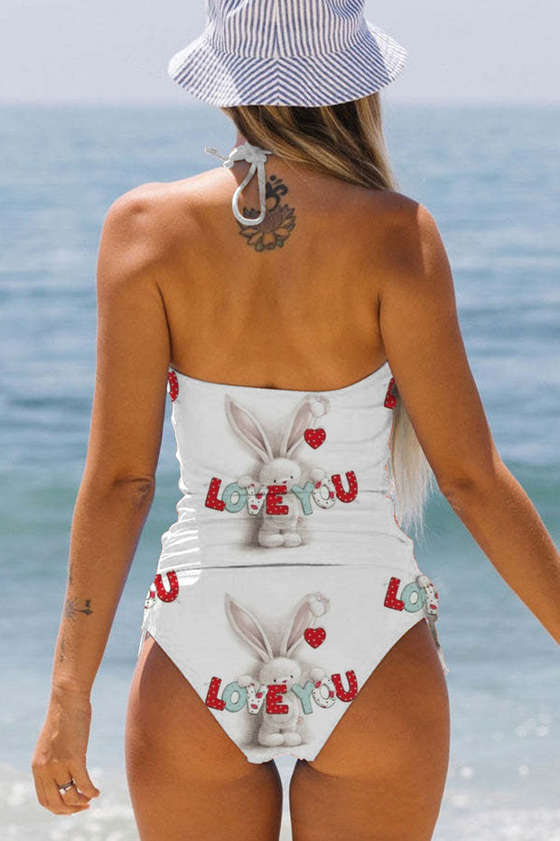 Love You Rabbits Print Bikini Swimsuit