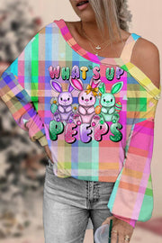 What's Up Peeps Bunnies Easter Day Plaid Off Shoulder Blouse