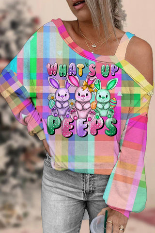 What's Up Peeps Bunnies Easter Day Plaid Off Shoulder Blouse