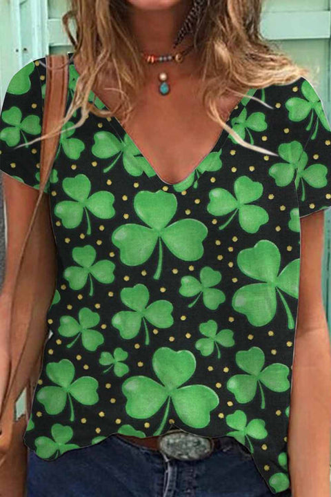 Casual Lucky Green Shamrocks Printed V-neck T-shirt