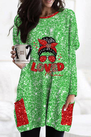 Loved Mama Green Red Glitter Tunic with Pockets
