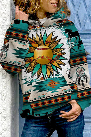 Western Sunflower Softball Aztec Horse Long Sleeve Hoodie