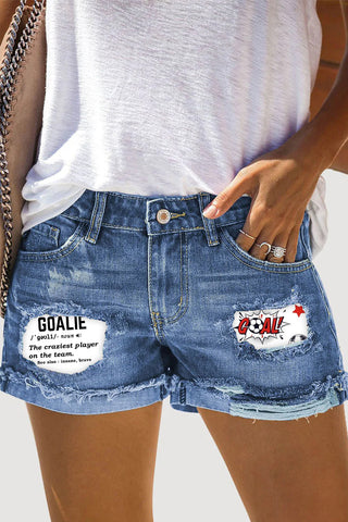Goalie Goal Print Ripped Denim Shorts