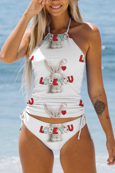 Love You Rabbits Print Bikini Swimsuit