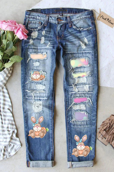 Happy Easter Day Bunny Carrot Ripped Denim Jeans