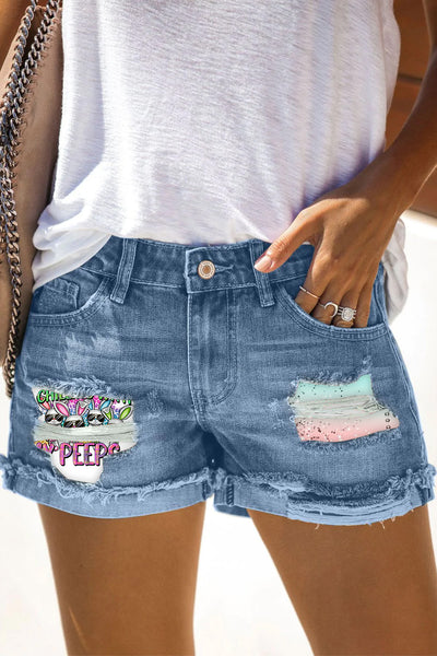 Happy Easter Chilling With My Peeps Denim Shorts