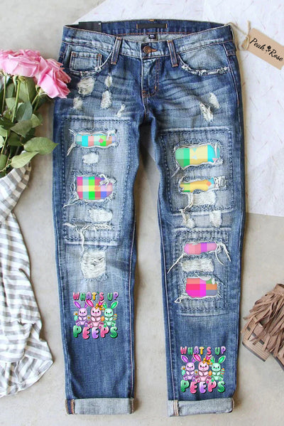 What's Up Peeps Bunnies Easter Day Plaid Ripped Denim Jeans