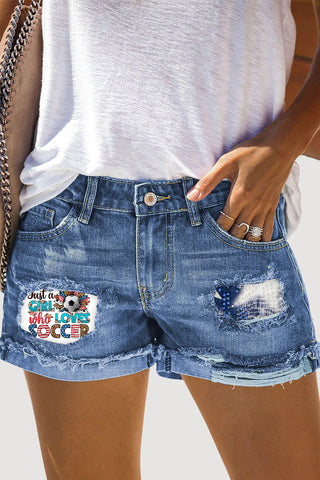 Just A Girl Who Loves Soccer Print Ripped Denim Shorts