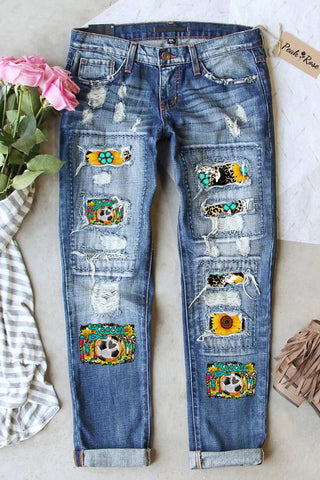 Soccer MOM Print Ripped Denim Jeans