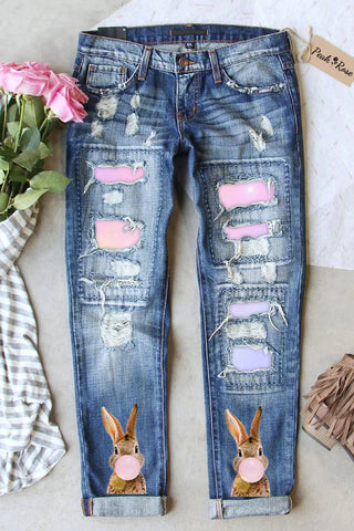 Bubble Gum Bunny Happy Easter Day Ripped Denim Jeans