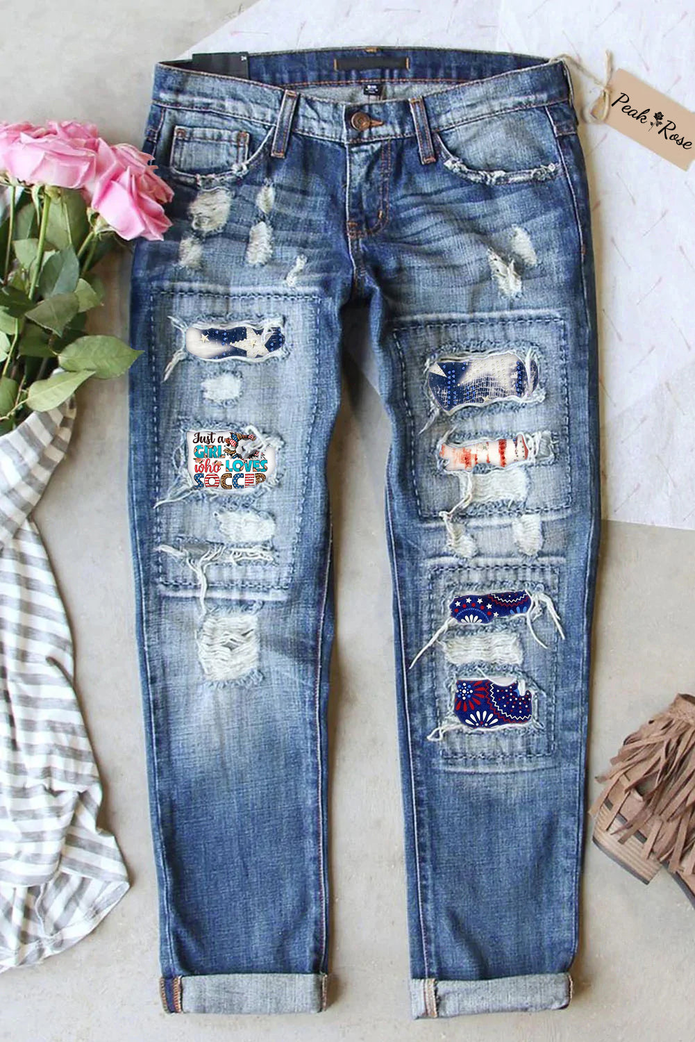 Just A Girl Who Loves Soccer Print Ripped Denim Jeans