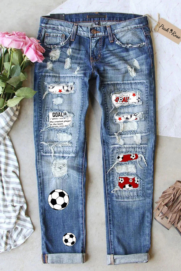 Goalie Goal Print Ripped Denim Jeans