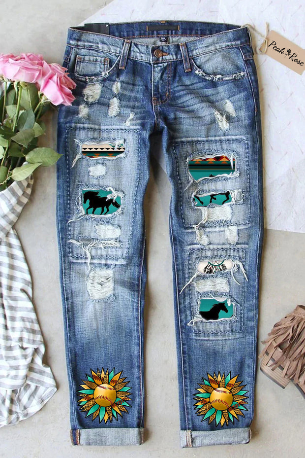 Western Sunflower Softball Aztec Horse Ripped Denim Jeans