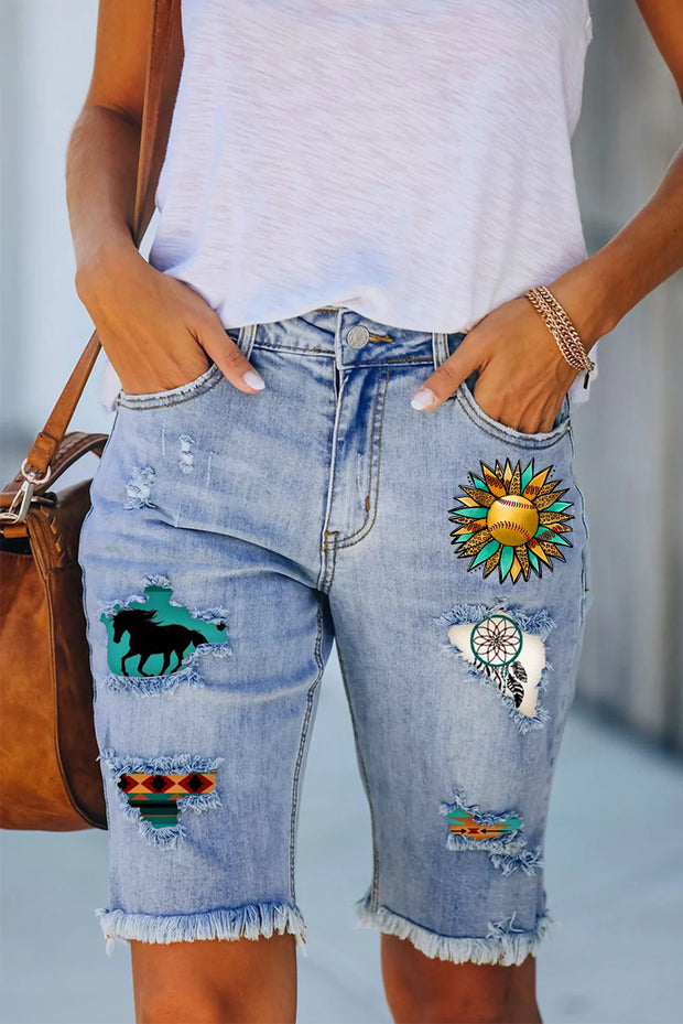 Western Sunflower Softball Aztec Horse Bermuda Denim Shorts