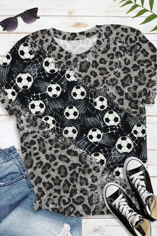 Game Day Soccer Ball And Leopard Printed Round Neck Short Sleeve T-shirt
