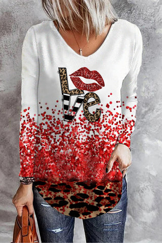 Glitter Leopard Love Print Long Sleeve T-shirt