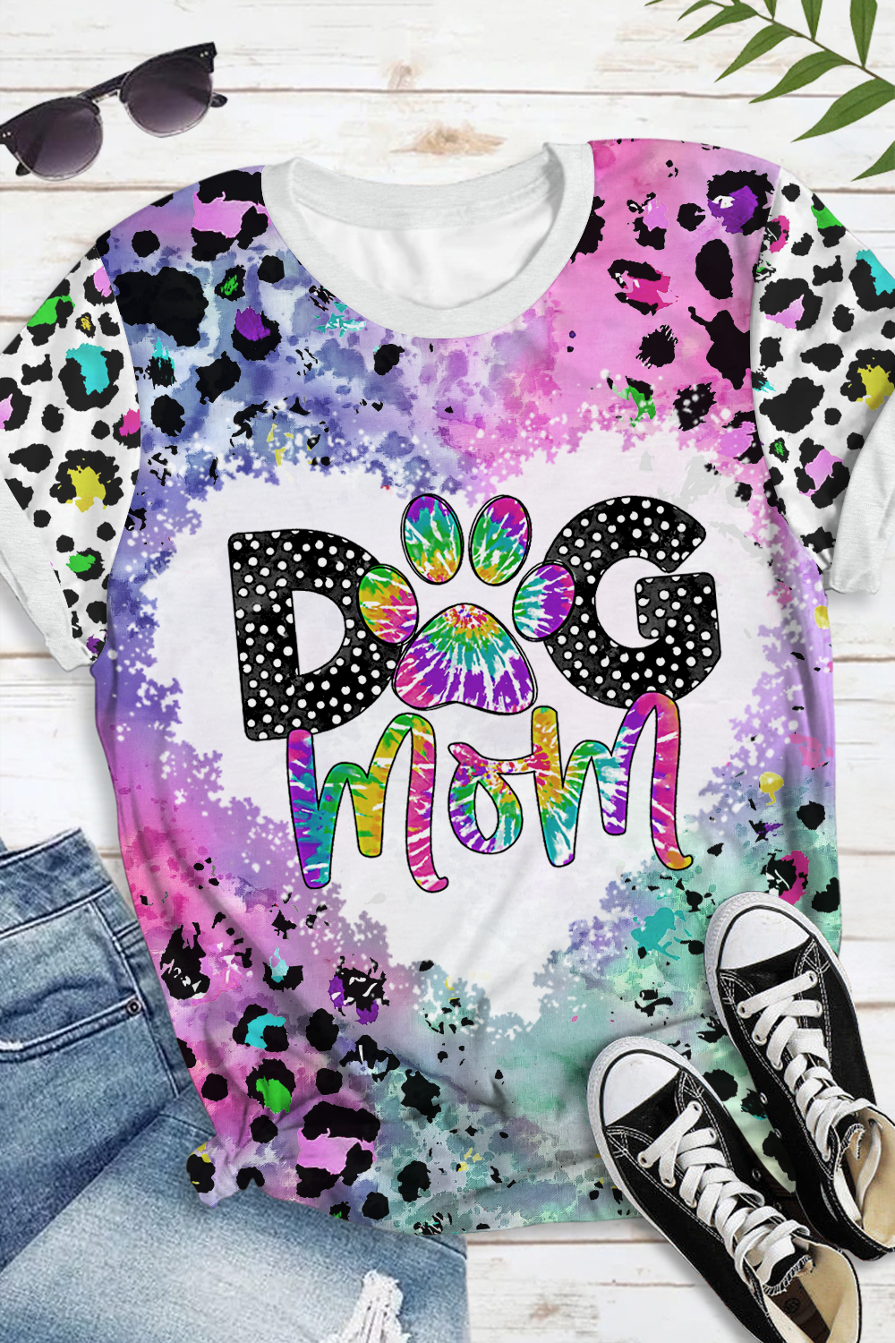 Dog Mom Colorful Tie-dye Paw Leopard Print Round Neck Short Sleeve T-shirt