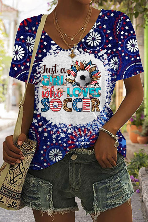 Just A Girl Who Loves Soccer Print Tie-Dye V Neck T-shirt