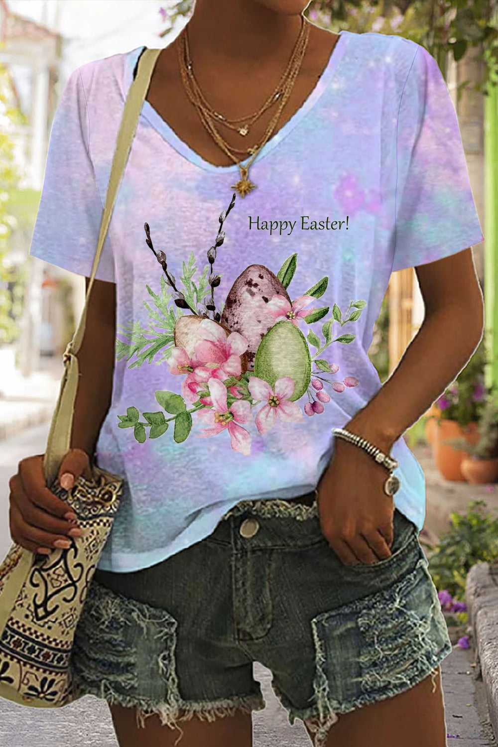 Happy Easter Colorful Eggs Floral Print V-neck T-shirt