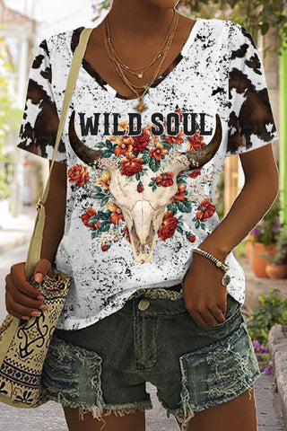 Wild Soul Cow Print Tie-Dye V Neck T-shirt