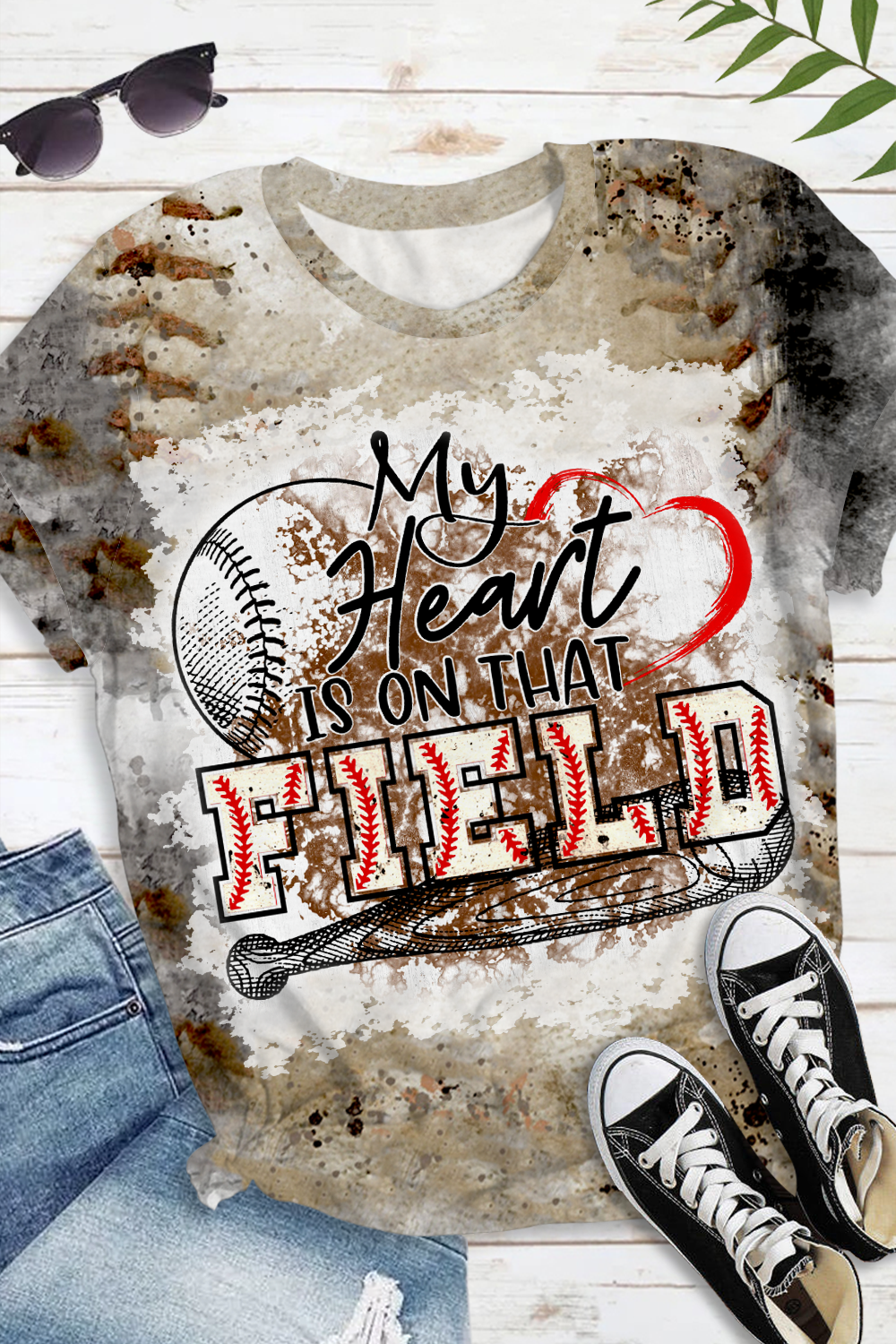 Baseball Day My Heart Is On That Field Printed Round Neck Short Sleeve T-shirt