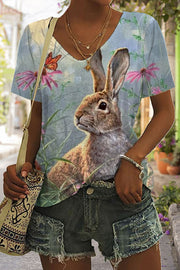 Happy Easter Day Floral Bunny V Neck T-shirt