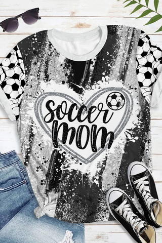Game Day Soccer Mom Glitter Heart Pattern Round Neck Short Sleeve T-shirt