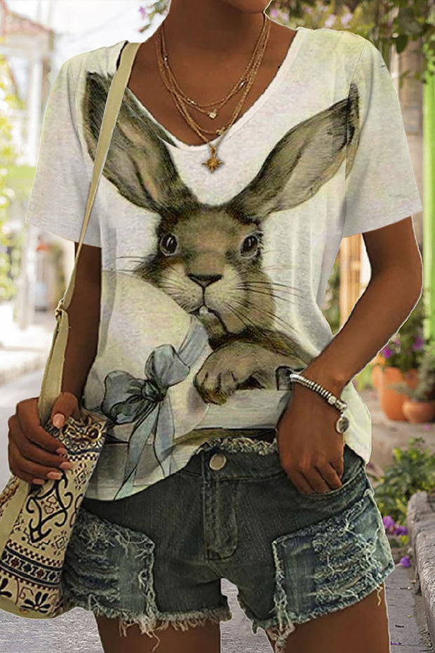 Happy Easter Day Bunnies Eggs Printed V-neck T-shirt