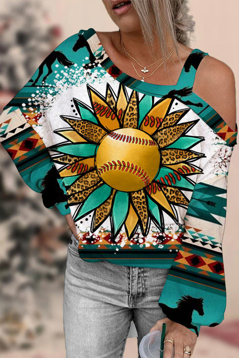 Western Sunflower Softball Aztec Horse Off Shoulder Blouse