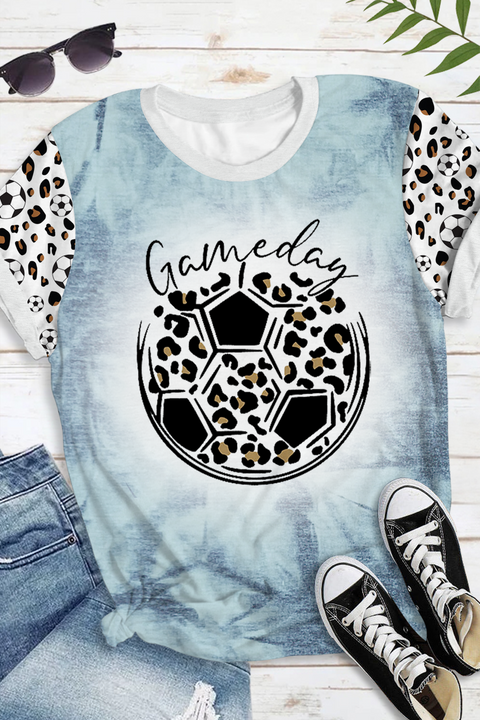 Game Day Soccer & Leopard Pattern Round Neck Short Sleeve T-shirt