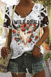 Wild Soul Cow Print Tie-Dye V Neck T-shirt