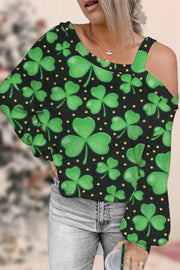 Casual Lucky Green Shamrocks Printed Off-shoulder Blouse